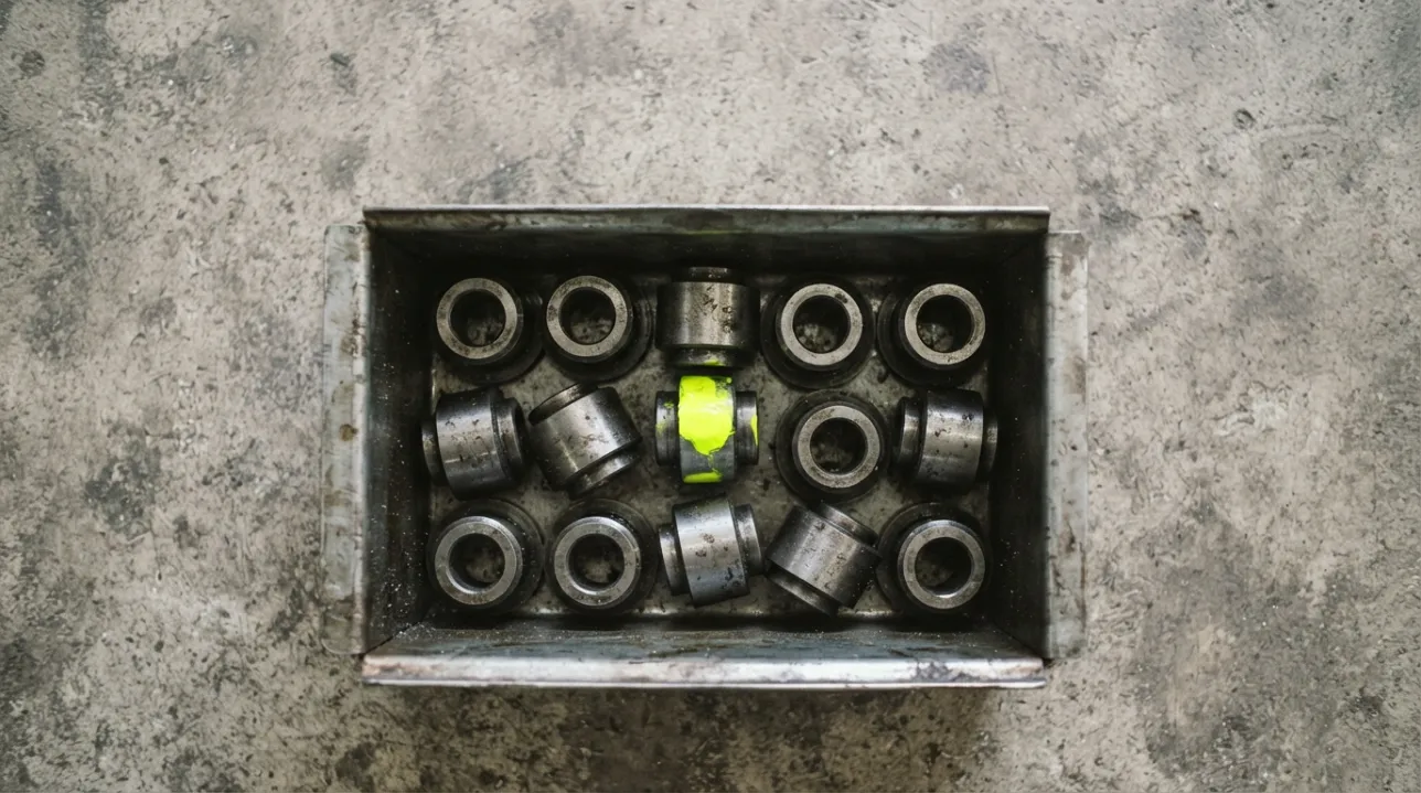 A steel parts bin of identical components with one marked by a dab of bright paint