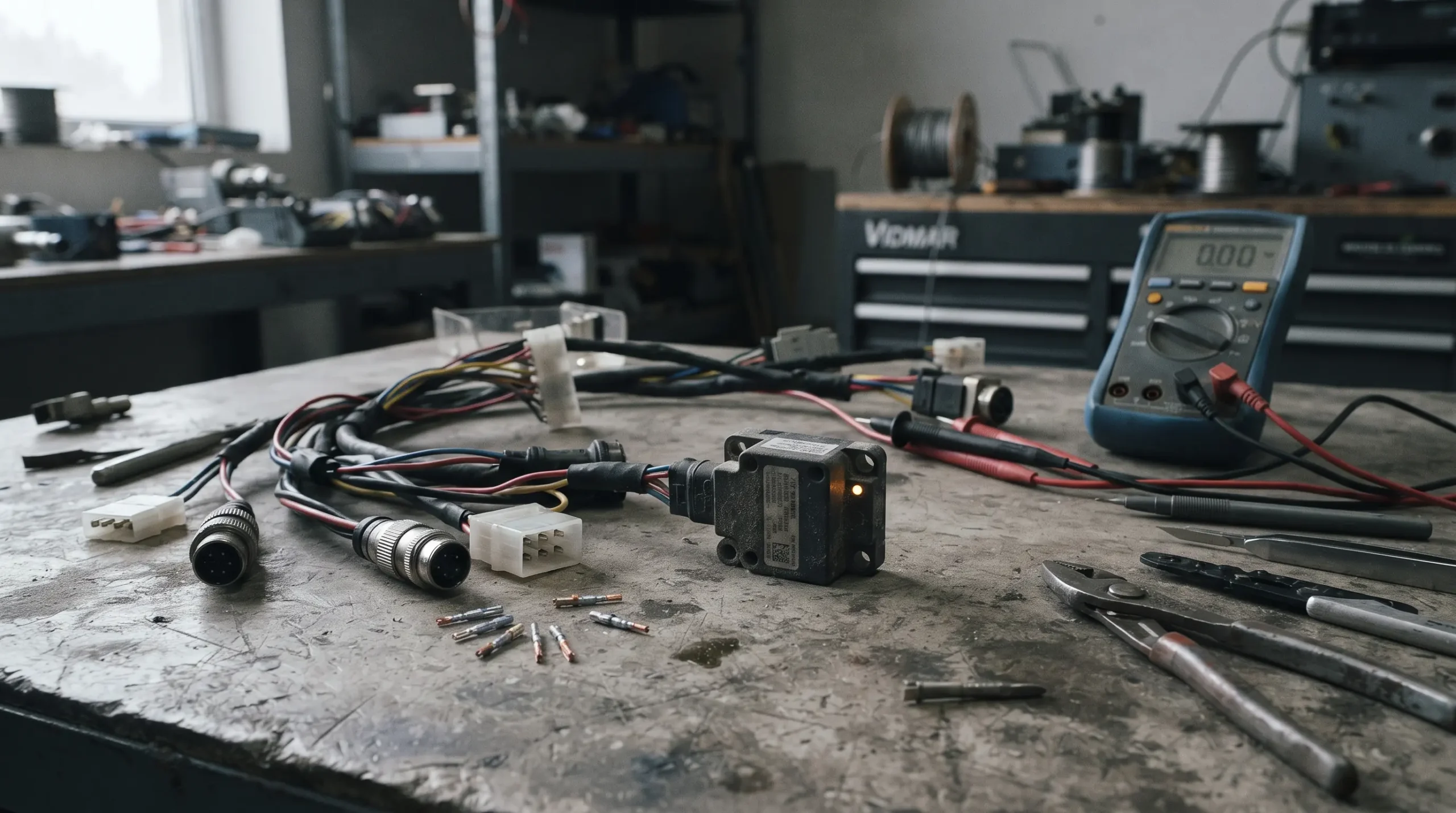 Industrial sensor module and wiring harness on a technician's workbench