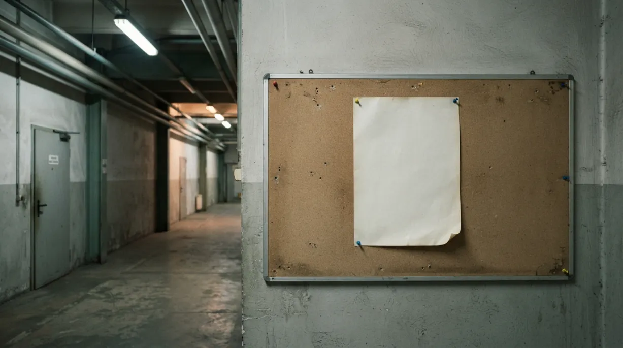One sheet of paper pinned to an otherwise empty noticeboard in a deserted industrial corridor