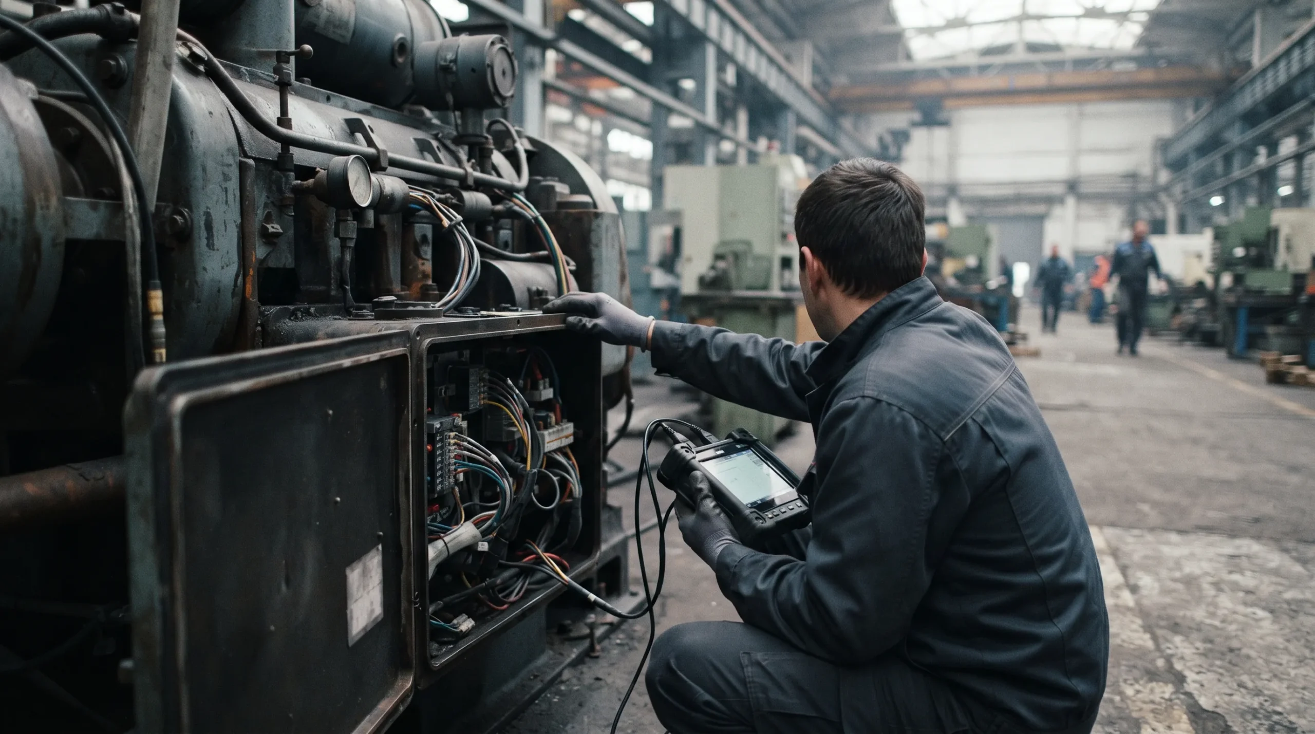 Field service technician diagnosing an industrial machine through an open access panel