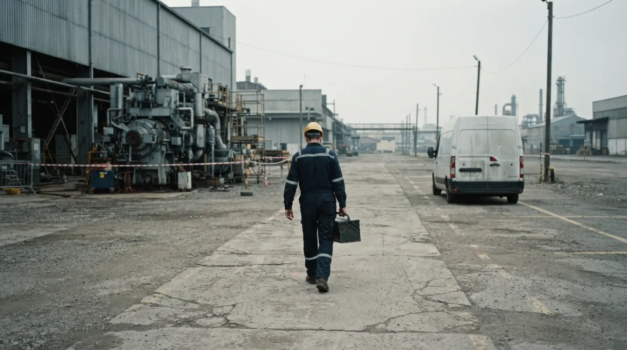 Field technician walking back to a van with an unopened toolbox after an unresolved visit