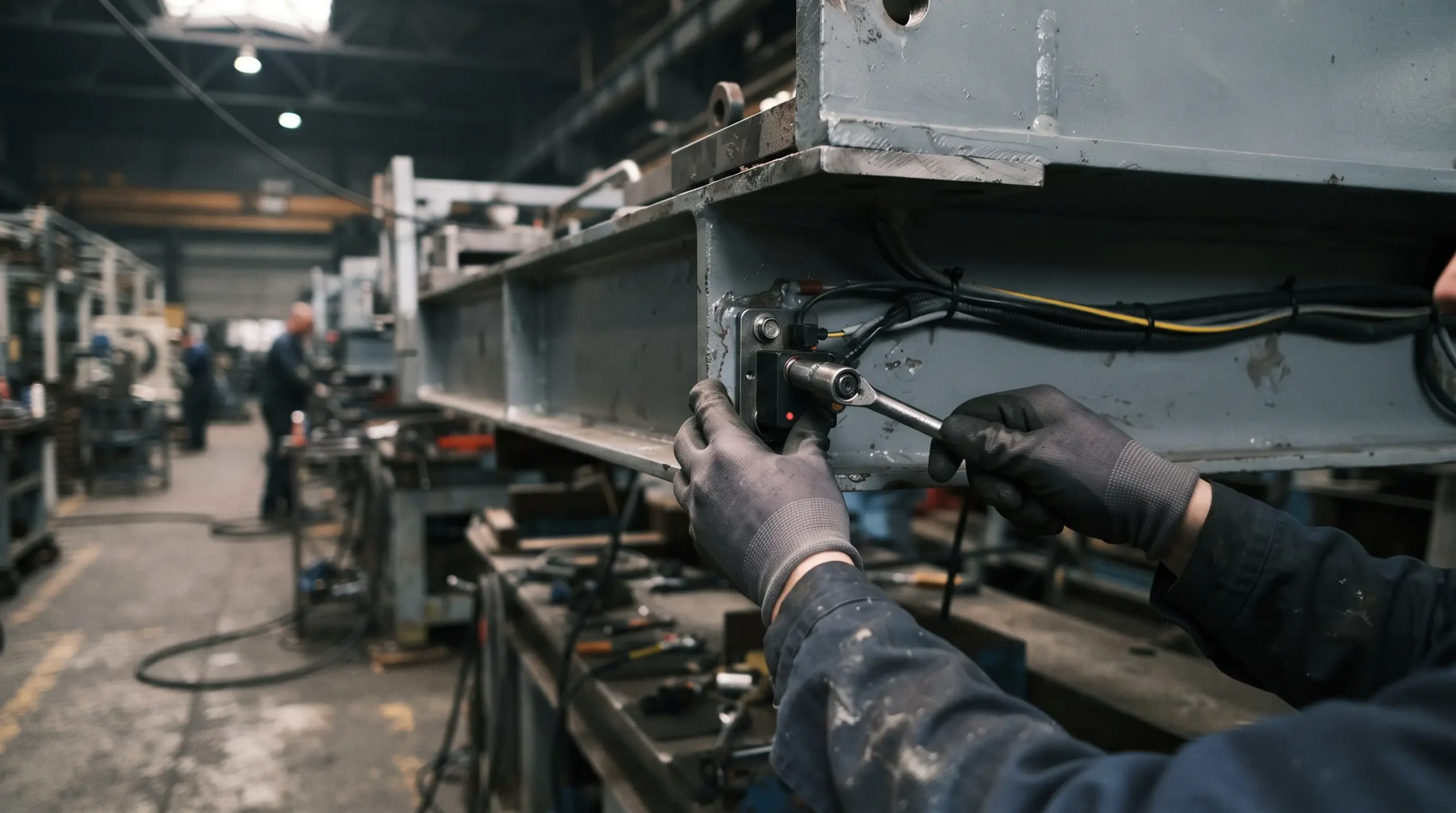 Technician securing a sensor housing to equipment during final assembly