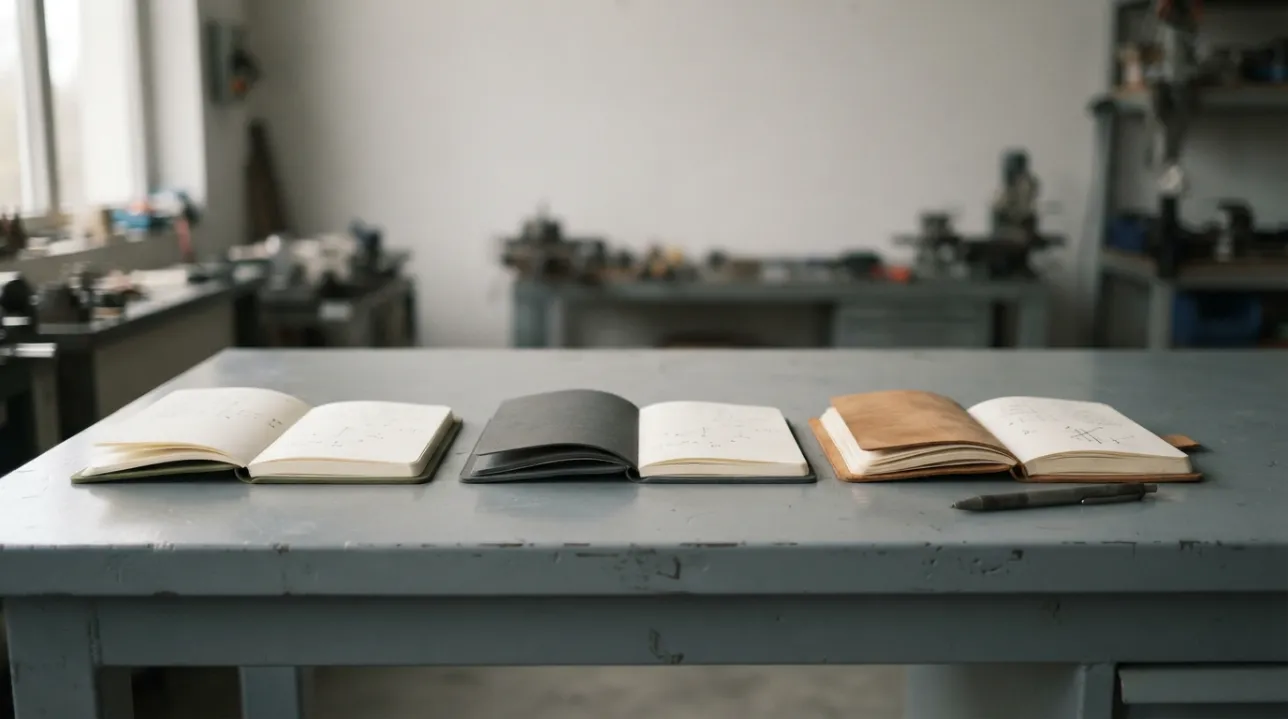 Three separate blank notebooks laid side by side, representing three partial records of the same machine