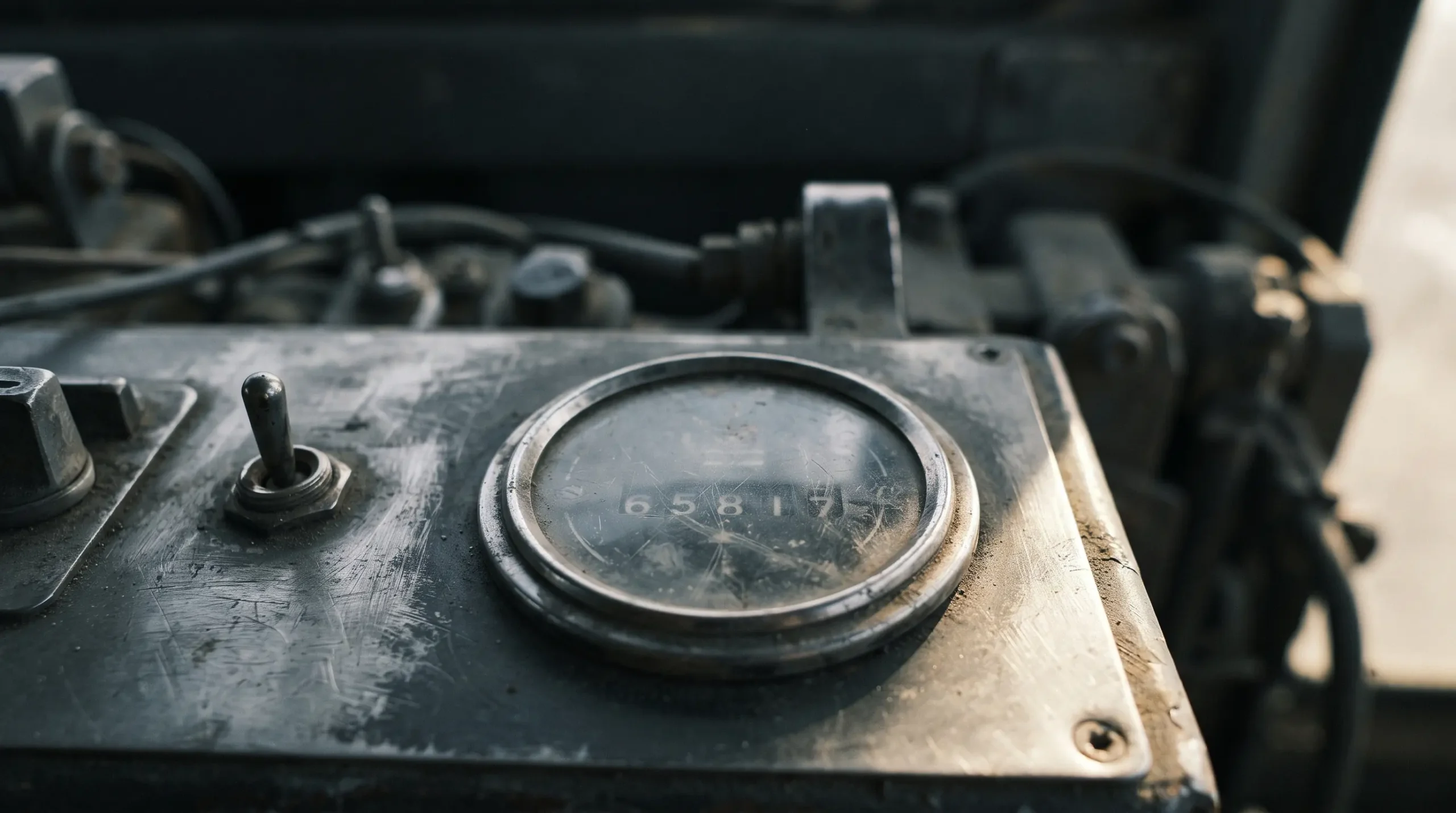 A worn analogue hour meter set into the control panel of an industrial machine