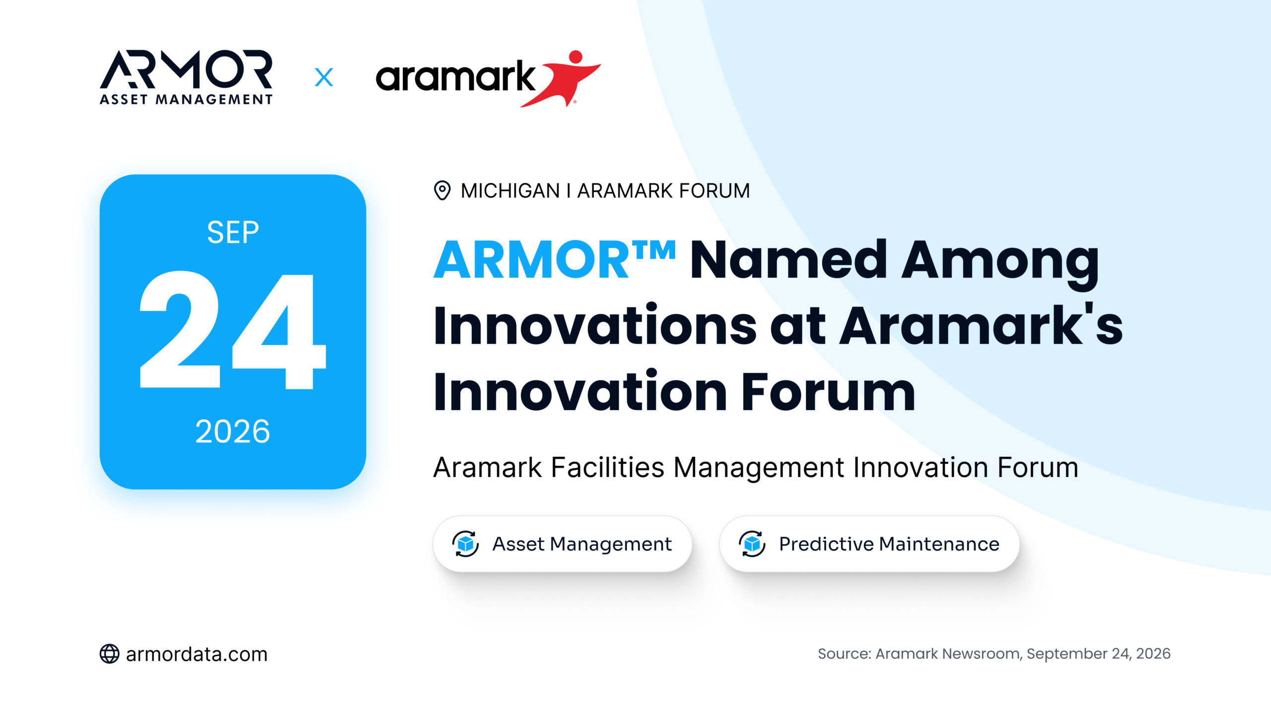 ARMOR Asset Management and Aramark graphic announcing ARMOR named among innovations at Aramark's Innovation Forum